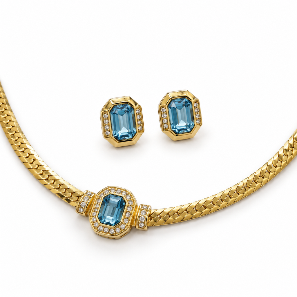 Christian Dior Vintage Blue Crystal Necklace and Clip-On Earrings Set, Gold, view 2