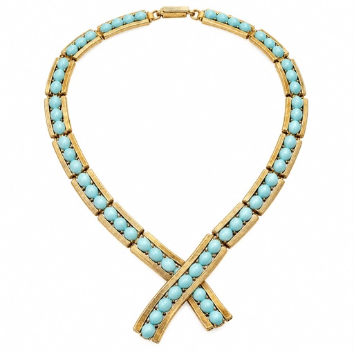 Trifari Vintage Faux Turquoise Necklace and Clip-On Earrings Set, Gold Tone, view 2