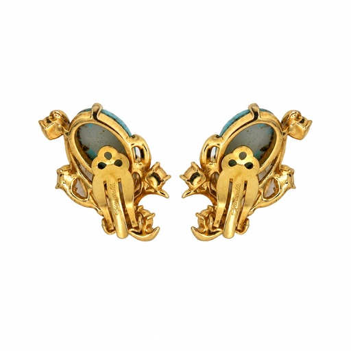 Schiaparelli Vintage Turquoise Blue Cabochon Clip-On Earrings, Gold Tone, view 2