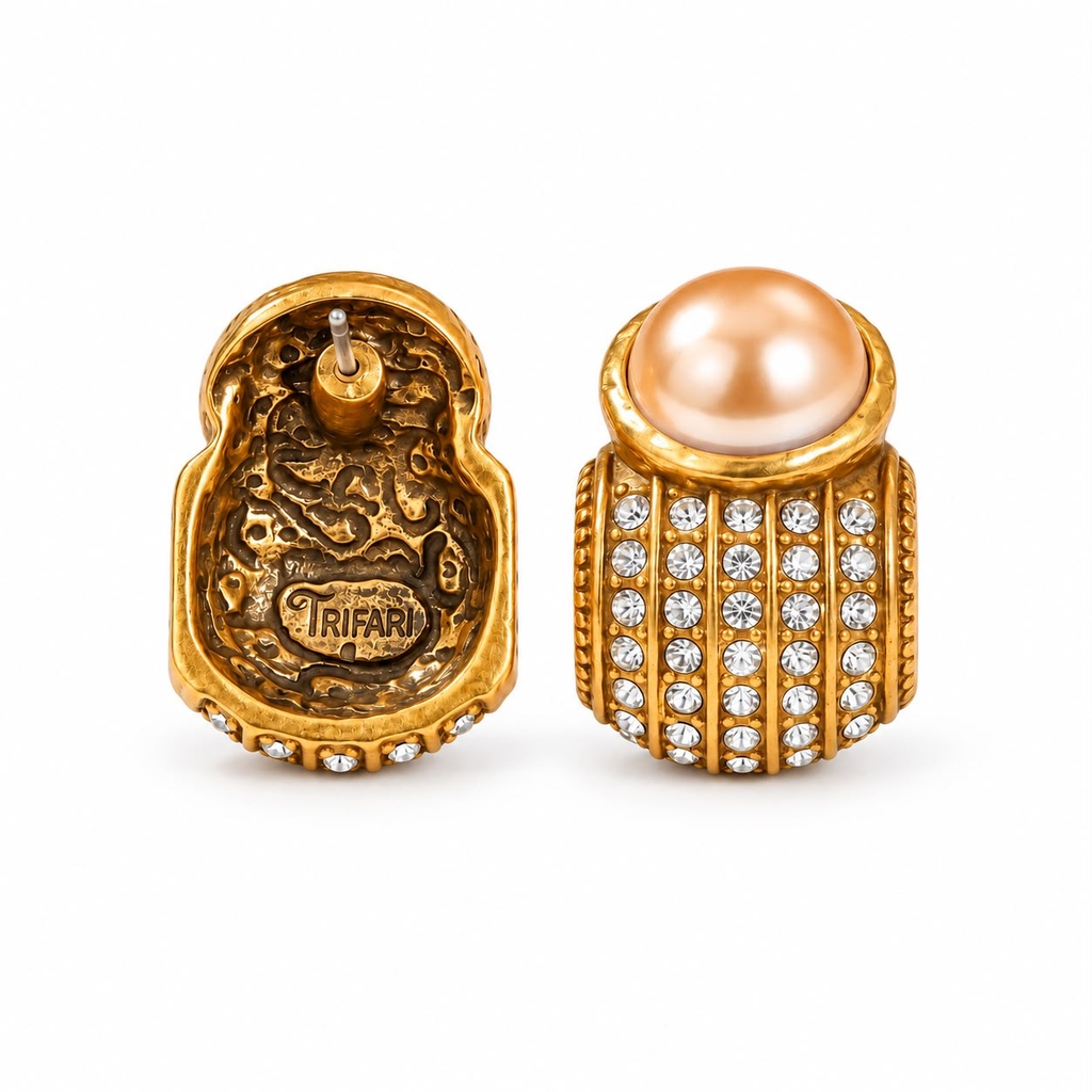 Champagne Pearl Rhinestone Dome Stud Earrings, Antique Gold Tone, view 2
