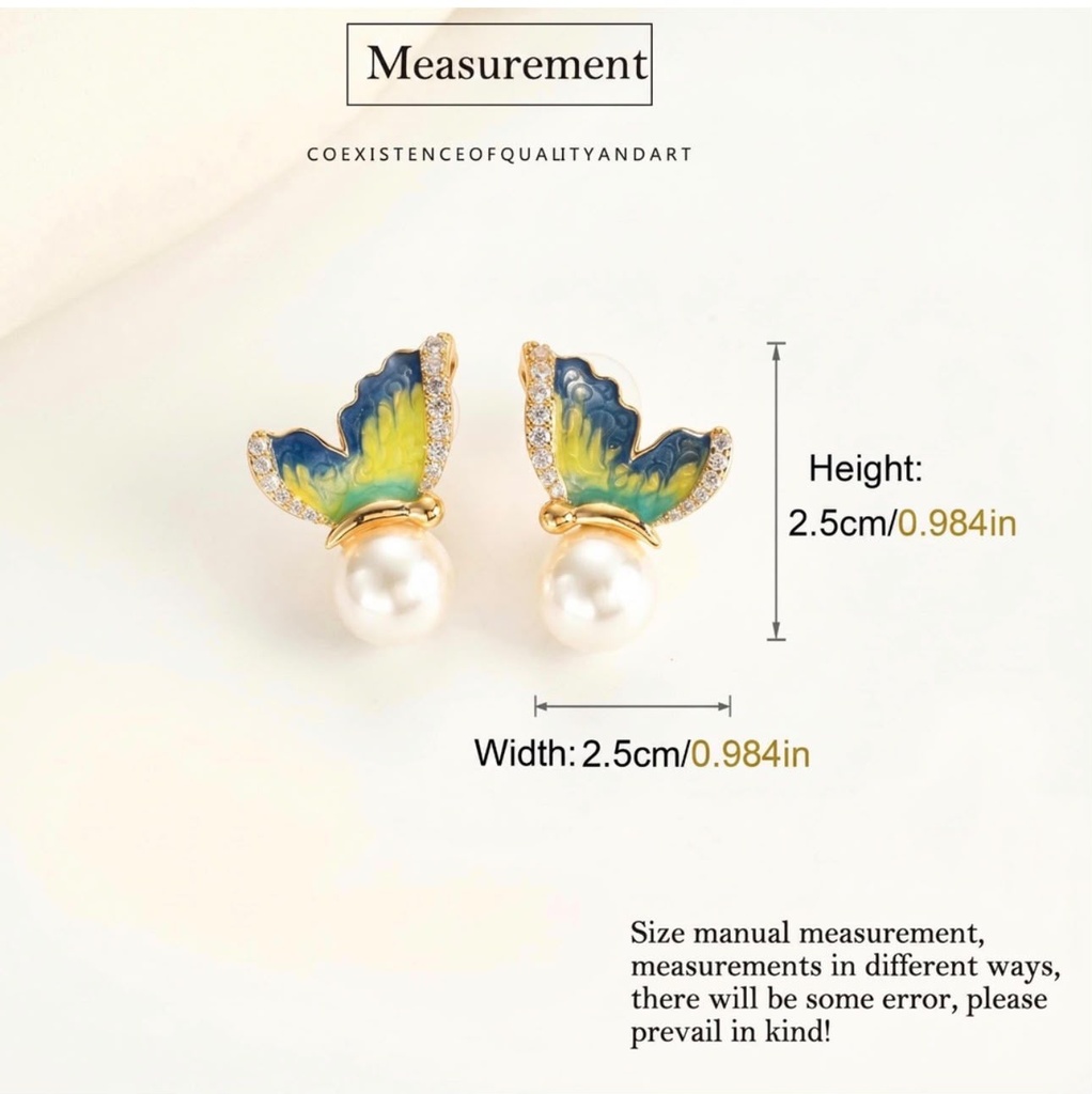 Butterfly Enamel Pearl Stud Earrings, Gold Tone, view 2