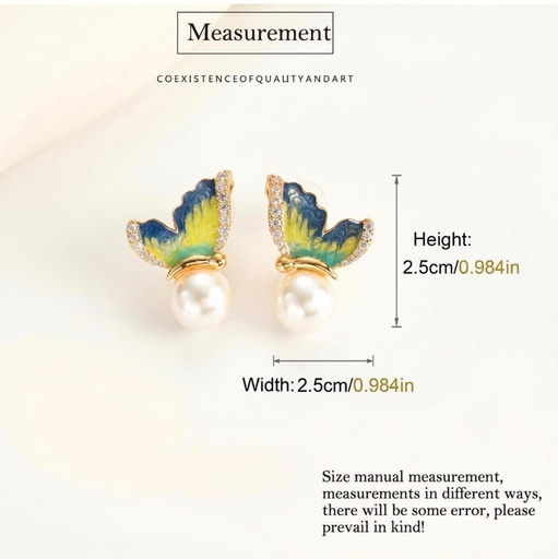 Butterfly Enamel Pearl Stud Earrings, Gold Tone, view 2