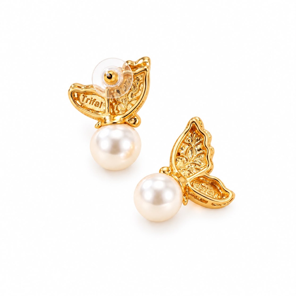 Butterfly Enamel Pearl Stud Earrings, Gold Tone, view 3