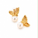 Butterfly Enamel Pearl Stud Earrings, Gold Tone, view 3