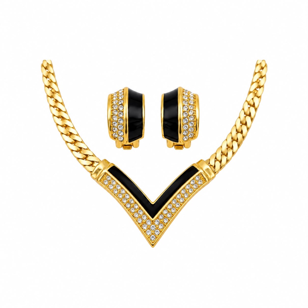 Christian Dior Vintage Black Enamel Crystal Necklace and Clip-On Earrings Set, view 2