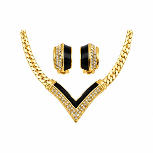 Christian Dior Vintage Black Enamel Crystal Necklace and Clip-On Earrings Set, view 2