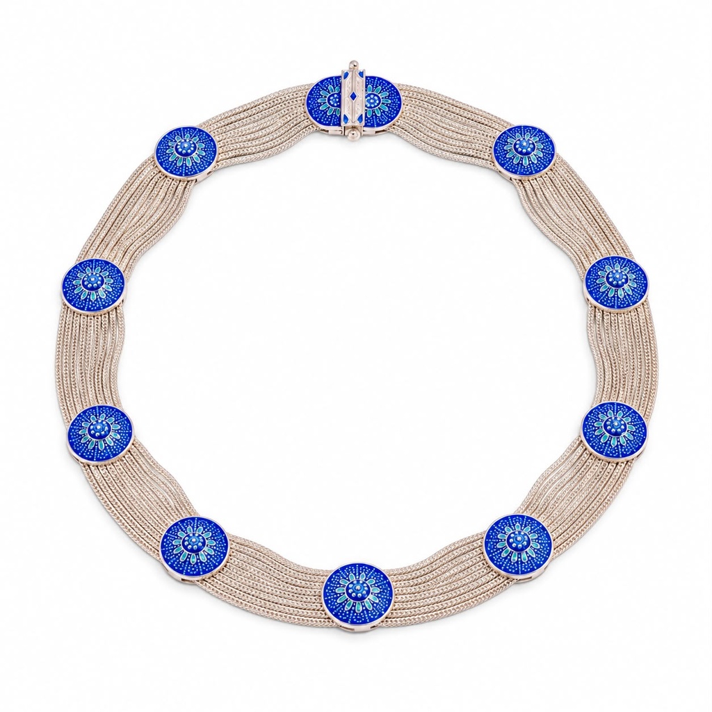 Vintage-Inspired Cobalt Blue Enamel Medallion Woven Choker Necklace, Silver Tone, view 2