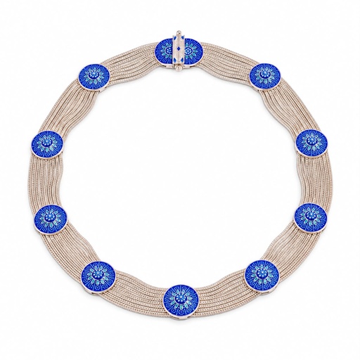 Vintage-Inspired Cobalt Blue Enamel Medallion Choker and Tassel Earrings, Silver Tone (set: choker, view 2)