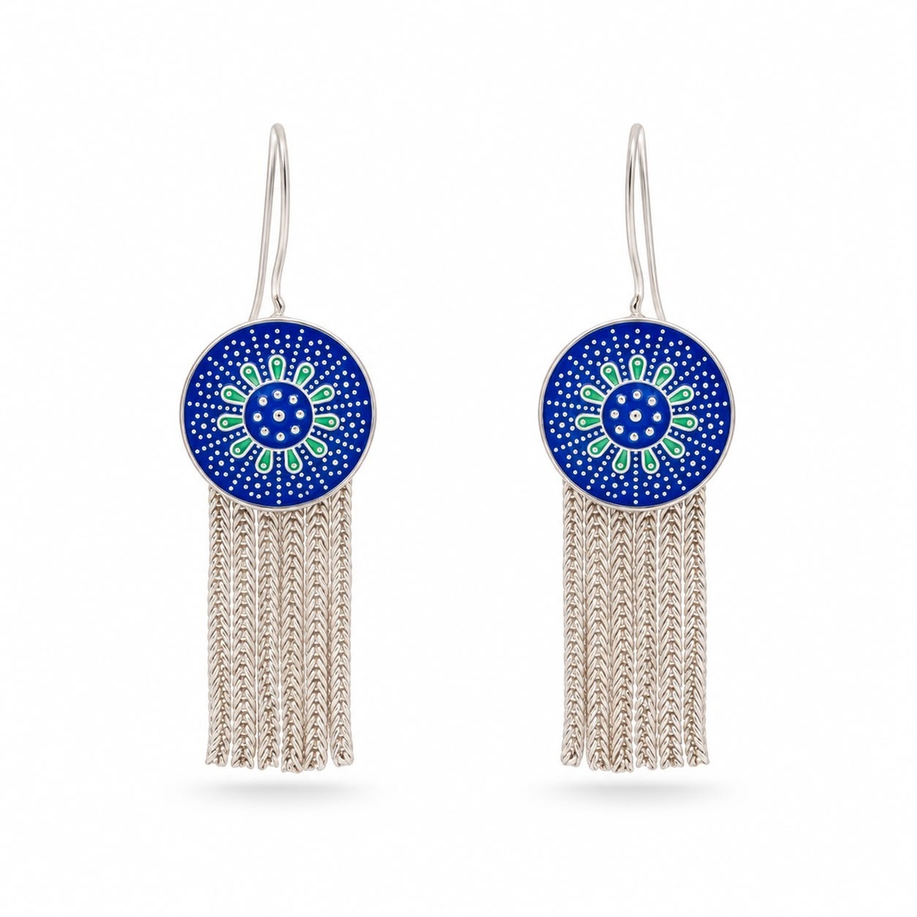 Vintage-Inspired Cobalt Blue Enamel Medallion Choker and Tassel Earrings Set, Silver Tone, view 2