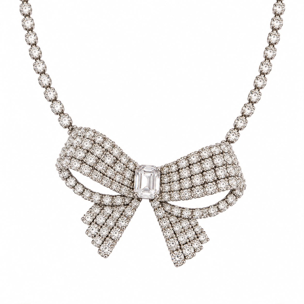 Christian Dior Vintage Crystal Ribbon Bow Necklace, Silver Tone, view 2