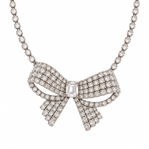 Christian Dior Vintage Crystal Ribbon Bow Necklace, Silver Tone, view 2