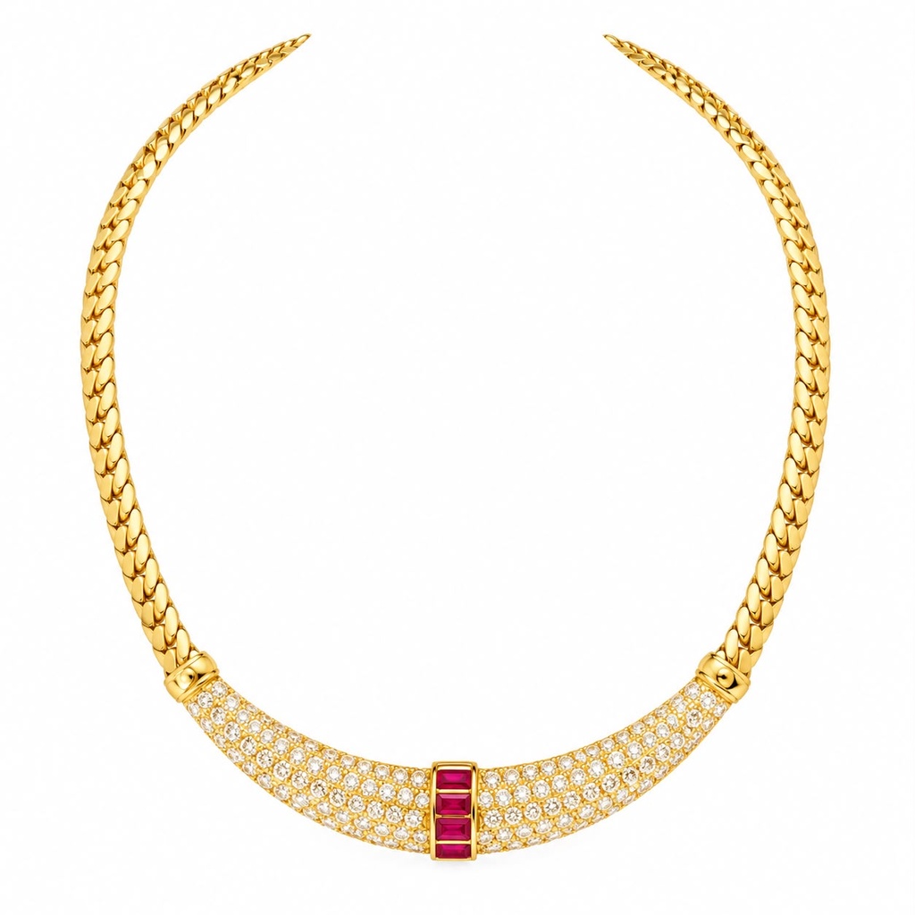 Christian Dior Vintage Pavé Crystal and Ruby Red Necklace and Clip-On Earrings, Gold Tone (Necklace and earrings set, view 2)