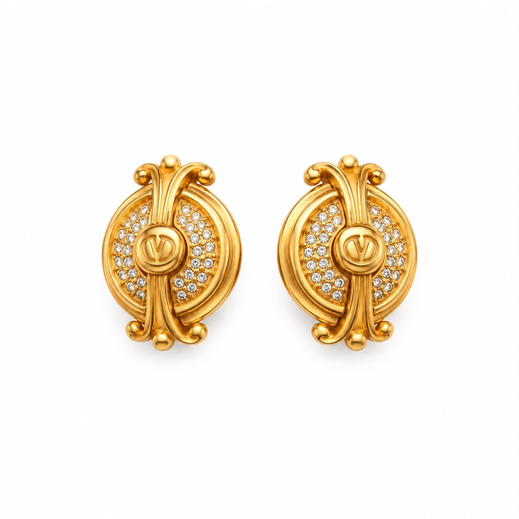 Valentino Garavani Vintage Pavé Crystal Logo Clip-On Earrings, Gold Plated, view 2