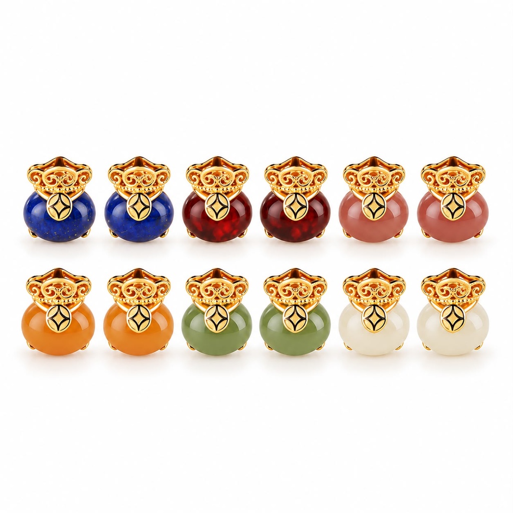 Gold-Plated Sterling Silver Lucky Money Pouch Stone Stud Earrings, view 2