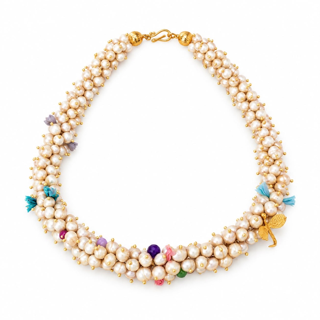 Handmade Freshwater Pearl Cluster Necklace with Gold Charm, 18K to 22K Gold Plated, view 2