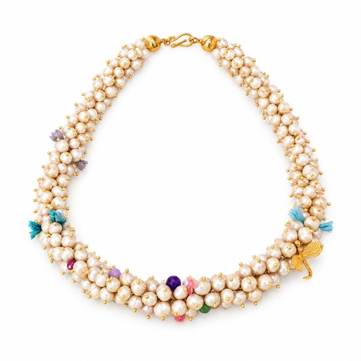 Handmade Freshwater Pearl Cluster Necklace with Gold Charm, 18K to 22K Gold Plated, view 2