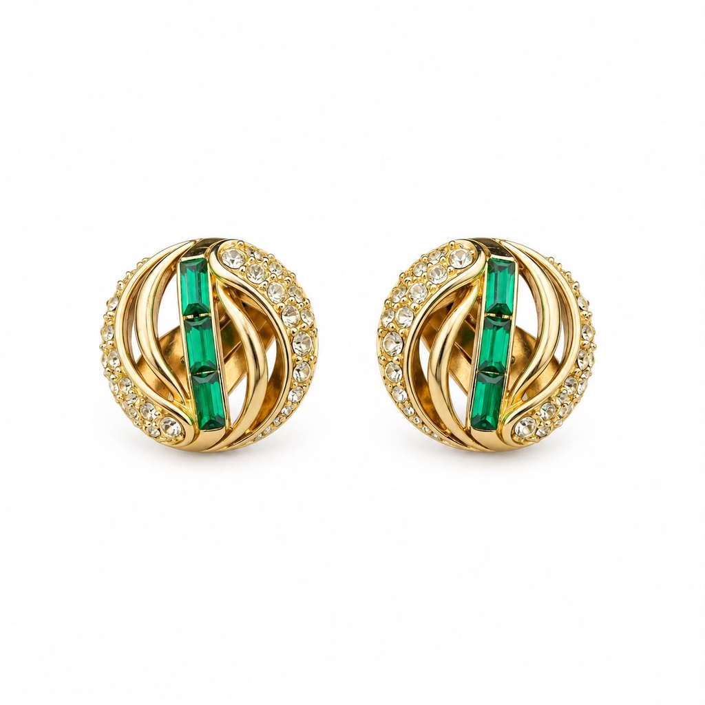 Kramer Vintage Emerald Green Baguette Rhinestone Necklace and Clip-On Earrings Set, Gold Tone, view 2