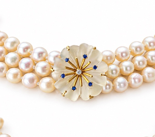 Vintage 1990s Three-Row Cultured Pearl Collar with Rock Crystal Flower, Sapphires and Diamond, 9ct Gold, view 2