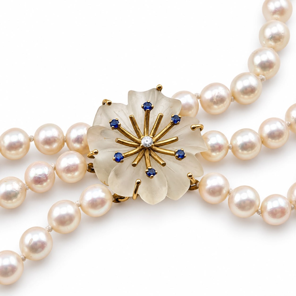 Vintage 1990s Three-Row Cultured Pearl Collar with Rock Crystal Flower, Sapphires and Diamond, 9ct Gold, view 3