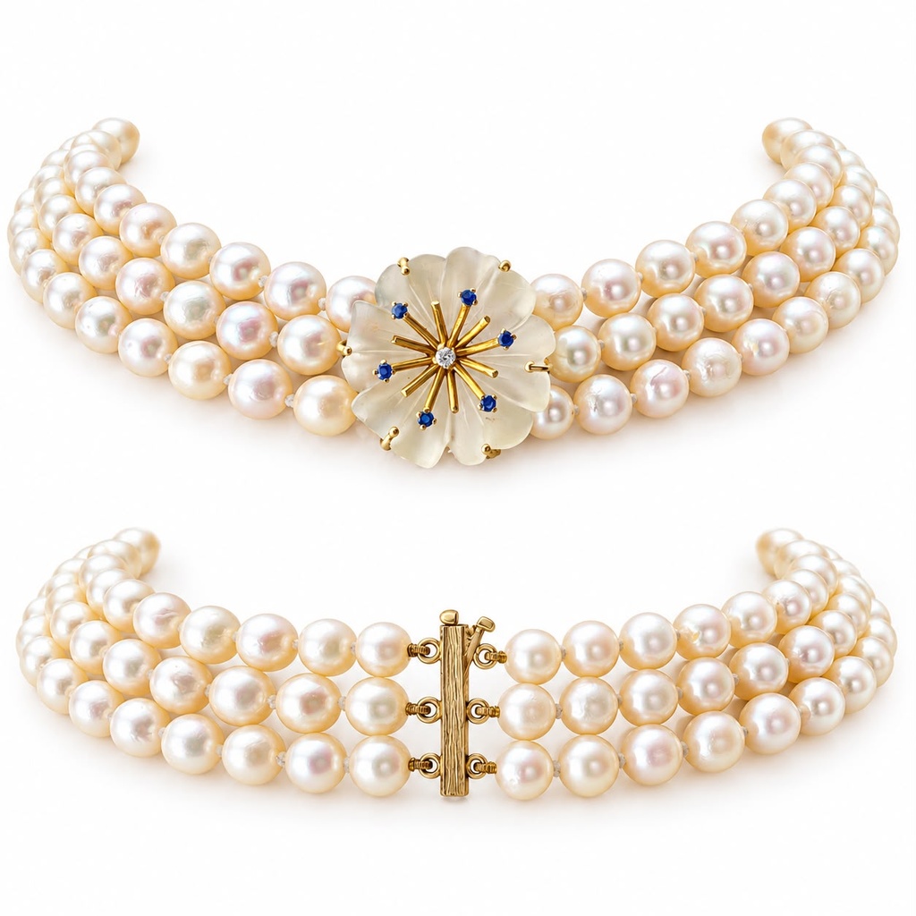 Vintage 1990s Three-Row Cultured Pearl Collar with Rock Crystal Flower, Sapphires and Diamond, 9ct Gold, view 4
