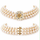 Vintage 1990s Three-Row Cultured Pearl Collar with Rock Crystal Flower, Sapphires and Diamond, 9ct Gold, view 4
