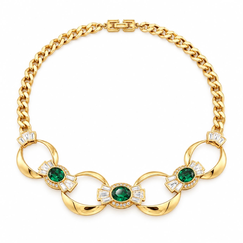 Givenchy Vintage Green Crystal and Baguette Necklace and Earrings Set, Gold Plated, view 2