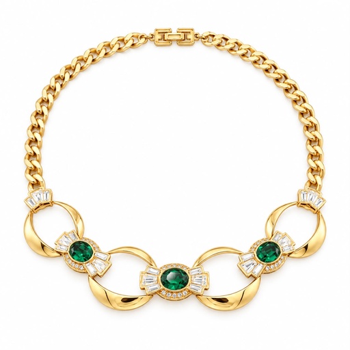 Givenchy Vintage Green Crystal and Baguette Necklace and Earrings Set, Gold Plated, view 2