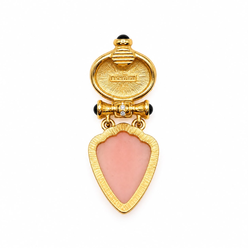 Richelieu Vintage Faux Pearl and Frosted Pink Shell Drop Clip-On Earrings, Gold Tone, view 2