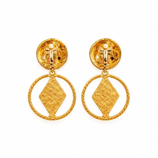 Vintage 1980s Jewel-Tone Cabochon and Black Enamel Hoop Drop Clip-On Earrings, Gold Plated, view 2