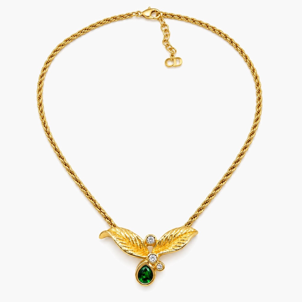 Christian Dior Vintage Green Crystal Leaf Necklace and Clip-On Drop Earrings, Gold Tone (set, view 2)