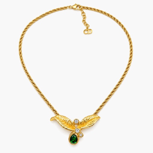 Christian Dior Vintage Green Crystal Leaf Necklace and Clip-On Drop Earrings, Gold Tone (set, view 2)