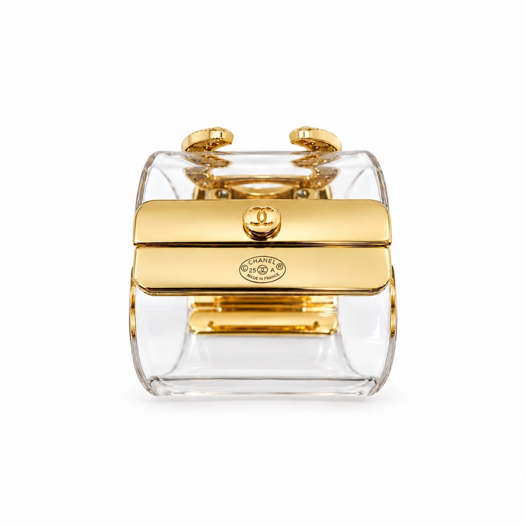Chanel Oversized Clear Cuff Bracelet with Crystal and Faux Pearl CC, Gold Tone, view 2