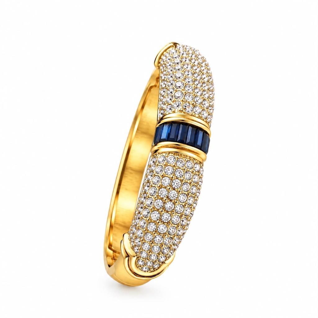 Vintage 1980s Pavé Rhinestone Clamper Cuff Bracelet with Dark Blue Baguettes, Gold Tone, view 2