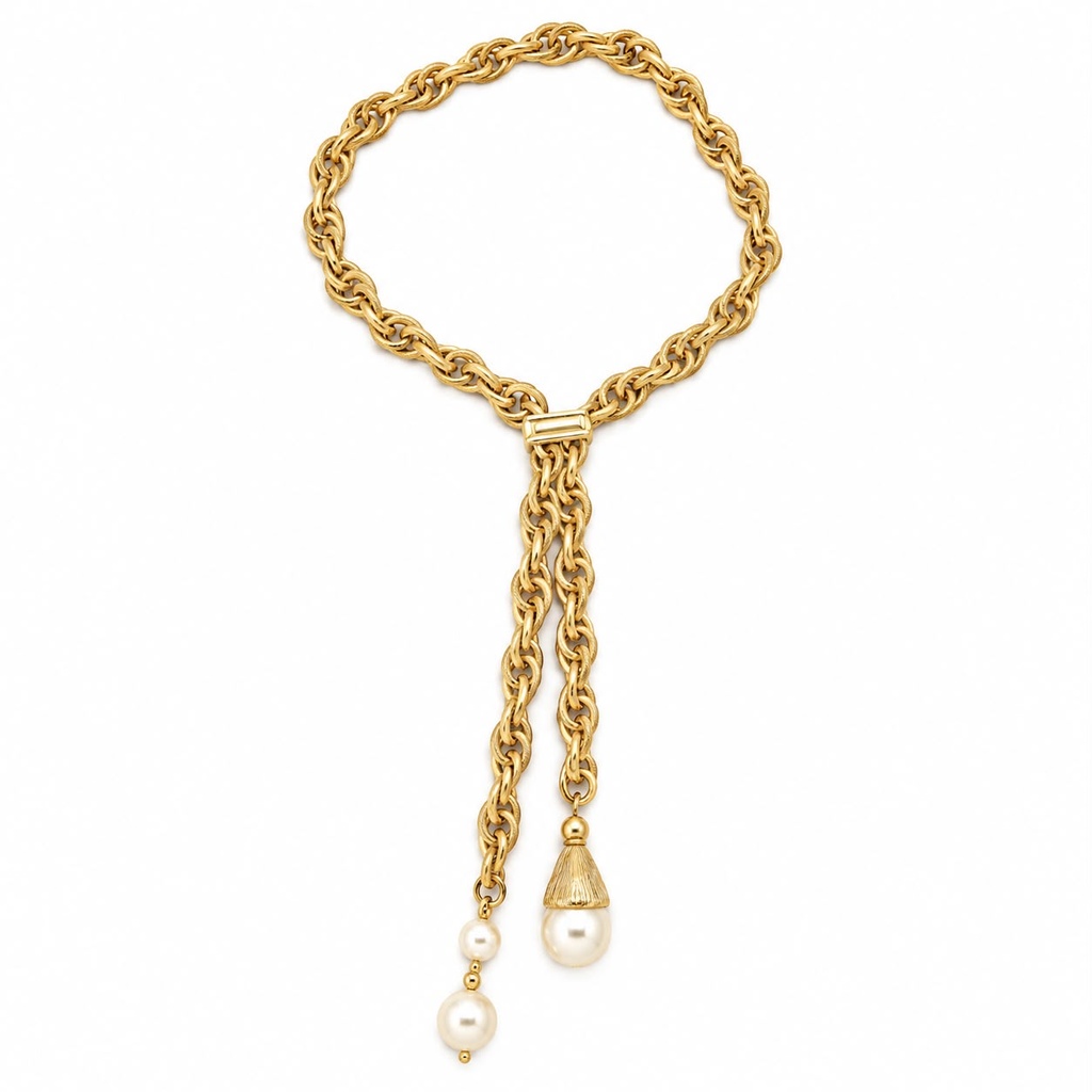 Vintage Adjustable Bolo Lariat Necklace with Glass Pearl Tassel Drops, Gold Tone, view 2