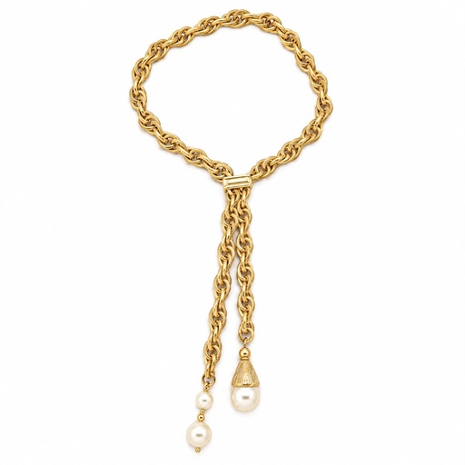 Vintage Adjustable Bolo Lariat Necklace with Glass Pearl Tassel Drops, Gold Tone, view 2