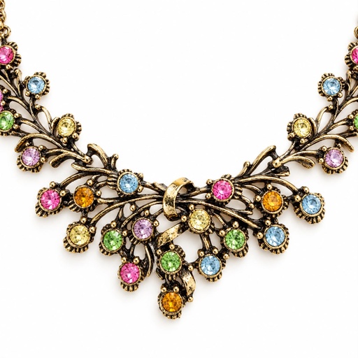 Vintage 1950s Pastel Rhinestone Floral Spray Necklace, Gold Tone, view 2