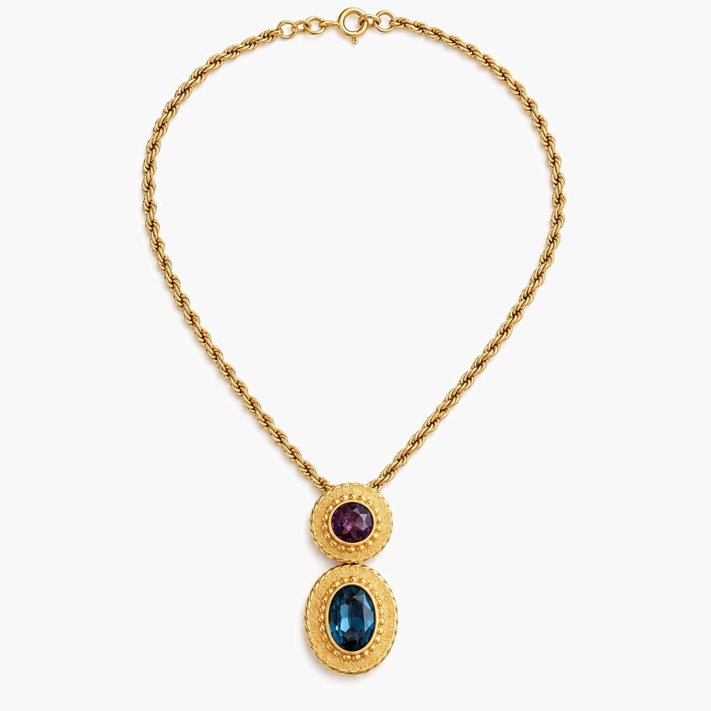 Christian Dior Vintage Purple and Blue Crystal Medallion Pendant Necklace and Pierced Stud Earrings, Gold Plated (set, view 2)