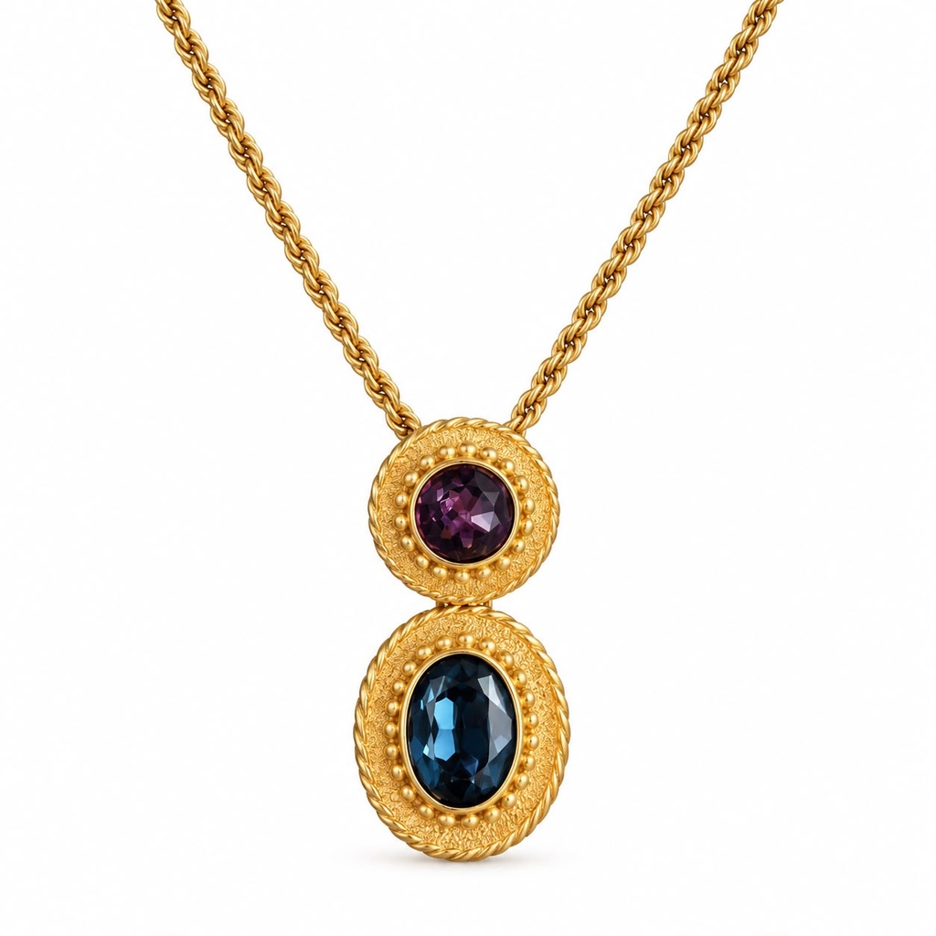 Christian Dior Vintage Purple and Blue Crystal Medallion Pendant Necklace and Pierced Stud Earrings, Gold Plated (set, view 4)