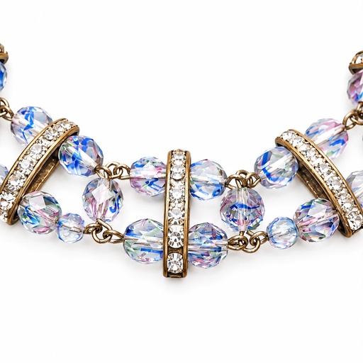 Vintage Art Deco Iris Glass Bead and Rhinestone Bar Collar Necklace, Gold Tone, view 2
