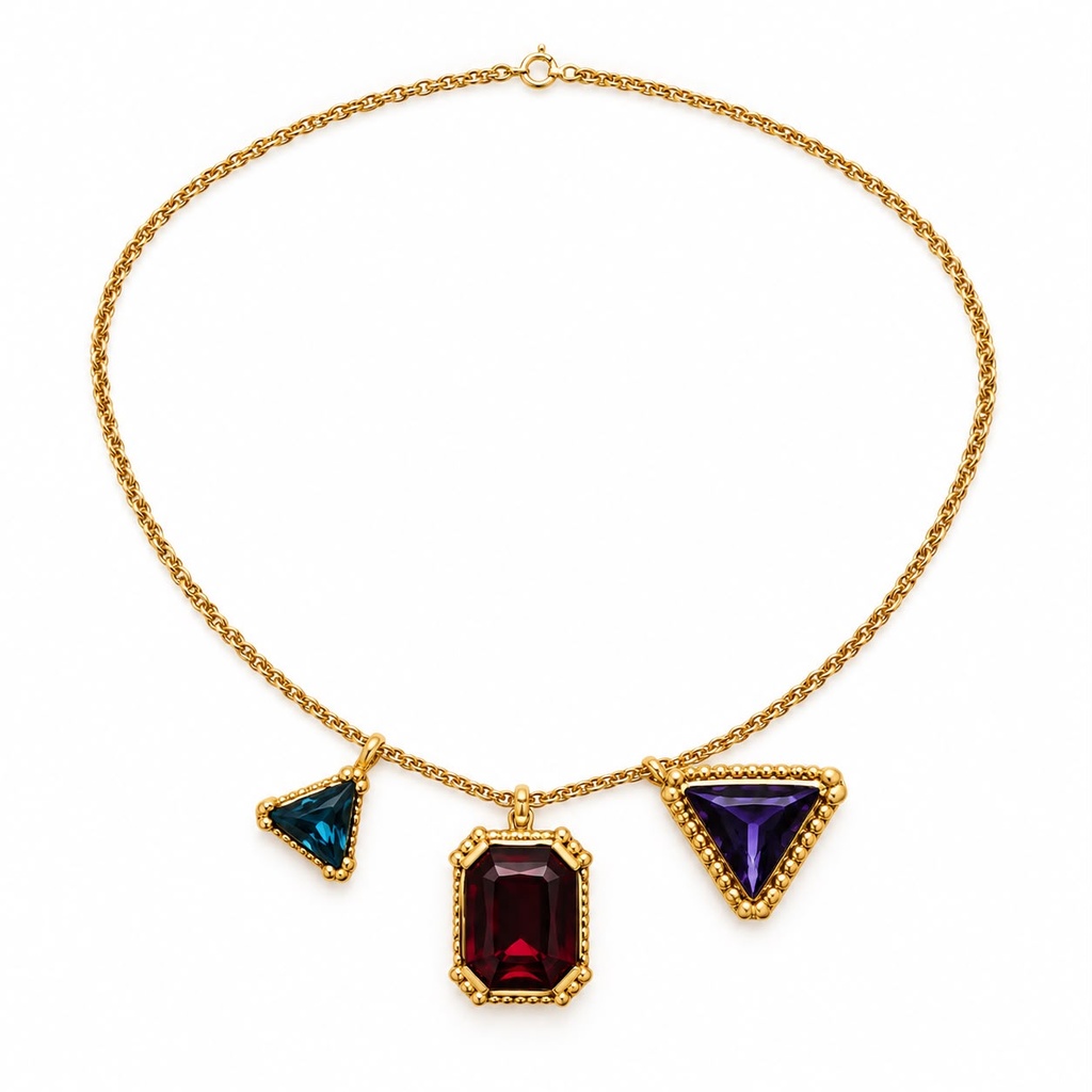 Trifari Vintage 1980s Red, Purple and Blue Glass Pendant Necklace and Clip-On Earrings Set, Gold Tone, view 2
