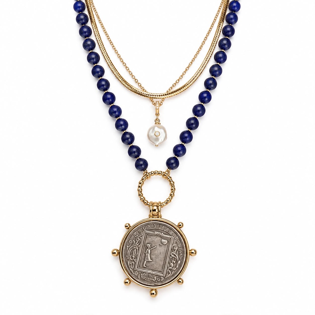 Vintage Inspired Lapis Lazuli Bead Necklace with Girl with Balloon Coin Pendant, Gold Tone, view 2