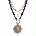 Vintage Inspired Lapis Lazuli Bead Necklace with Girl with Balloon Coin Pendant, Gold Tone, view 2