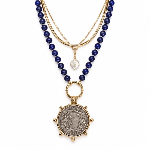 Vintage Inspired Lapis Lazuli Bead Necklace with Girl with Balloon Coin Pendant, Gold Tone, view 2