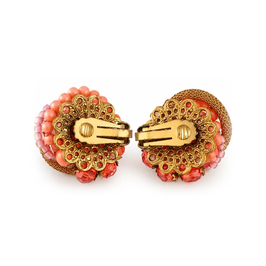Vintage 1960s Gold Mesh and Pink Bead Cluster Clip-On Earrings, Unsigned, view 2
