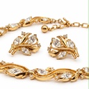 Trifari Vintage 1950s Signed Clear Marquise Rhinestone Leaf Choker Necklace and Clip-On Earrings Set, Gold Tone, view 2