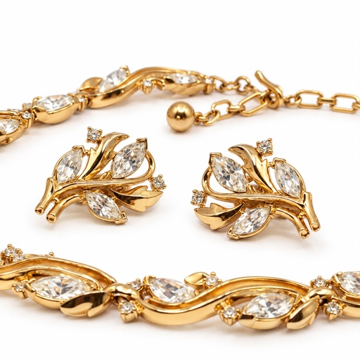 Trifari Vintage 1950s Signed Clear Marquise Rhinestone Leaf Choker Necklace and Clip-On Earrings Set, Gold Tone, view 2
