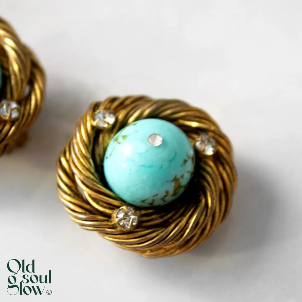 Chanel Vintage Gilded Turquoise Birds Nest Earrings, view 2