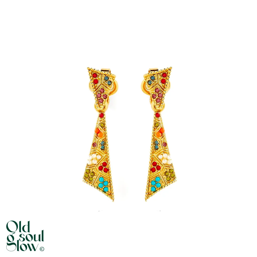 D'Orlan Clip Earrings with Turquoise, Coral & Pearl