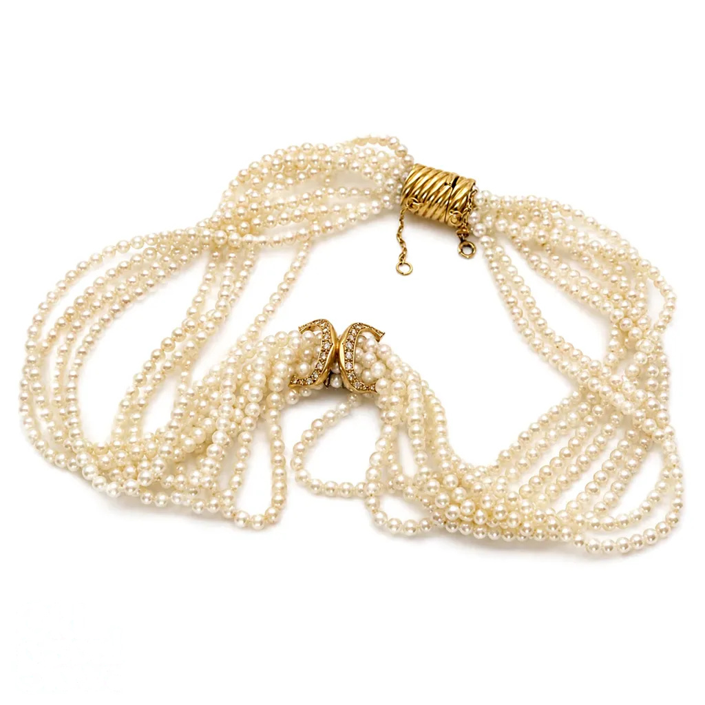 Cartier Multi-Strand Pearl Choker, 18K Gold and Diamond