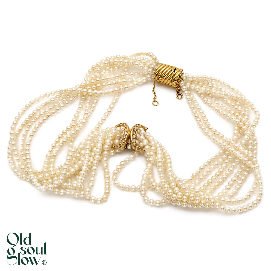 Cartier Multi-Strand Pearl Choker, 18K Gold and Diamond